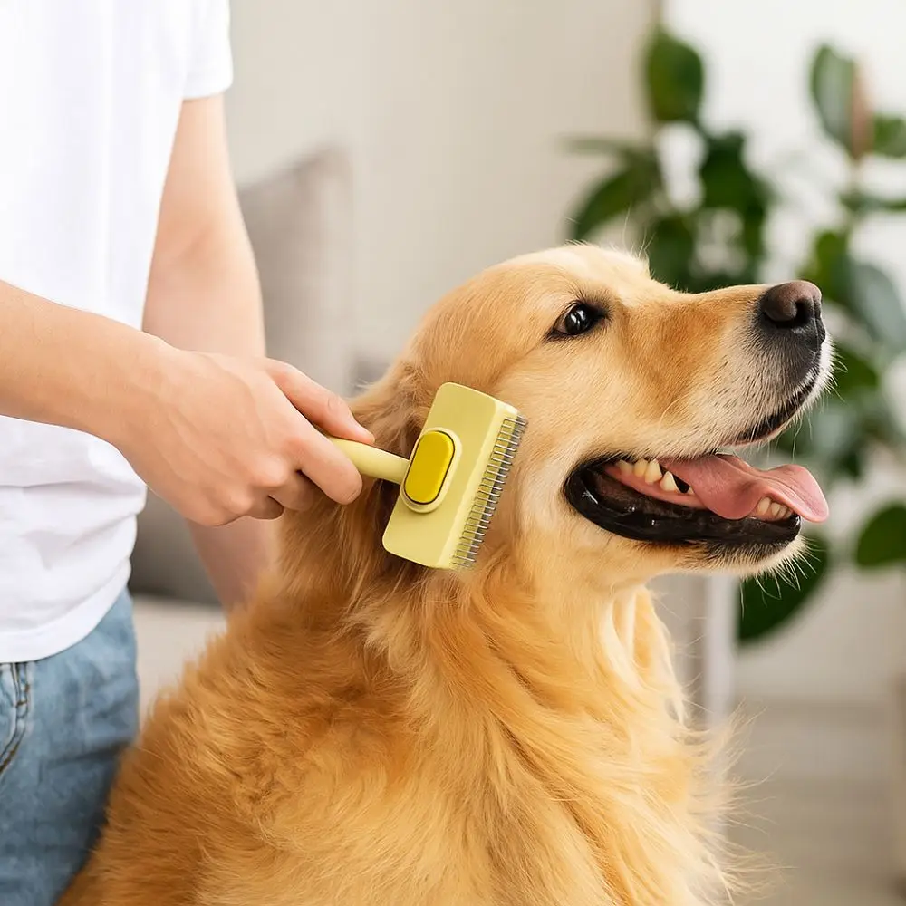 Stainless Steel Pet Grooming Brush Double Sided Self Cleaning Deshedding Brush Comfort Grip Dog Comb Kitten Grooming