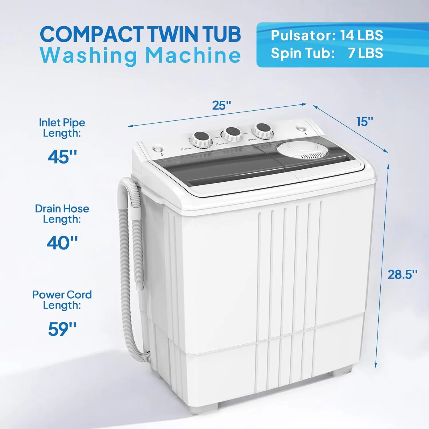 21LBS Portable Washing Machine, Washer(14LBS) and Spinner(7LBS), Mini Compact Twin Tub Washer and Dryer Combo with Pump Draining 6