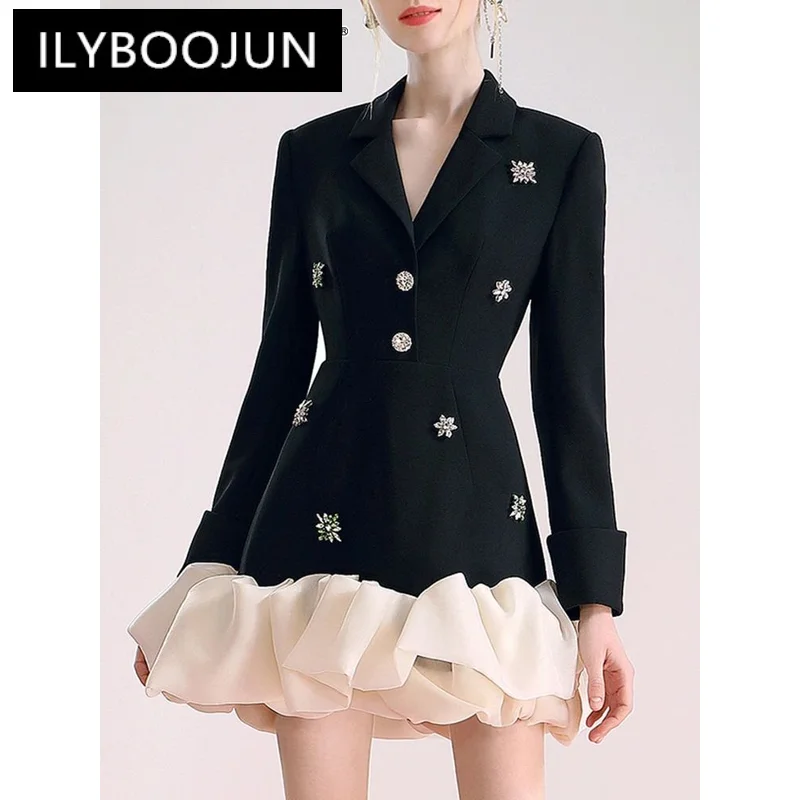 

ILYBOOJUN Colorblock Patchwork Diamonds Elegant Dresses For Women V Neck Long Sleeve High Waist Spliced Organza Dress Female