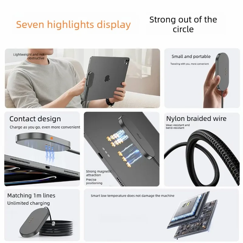 Magnetic Wireless USB-C Fast Charger Cable, Grey, 1m