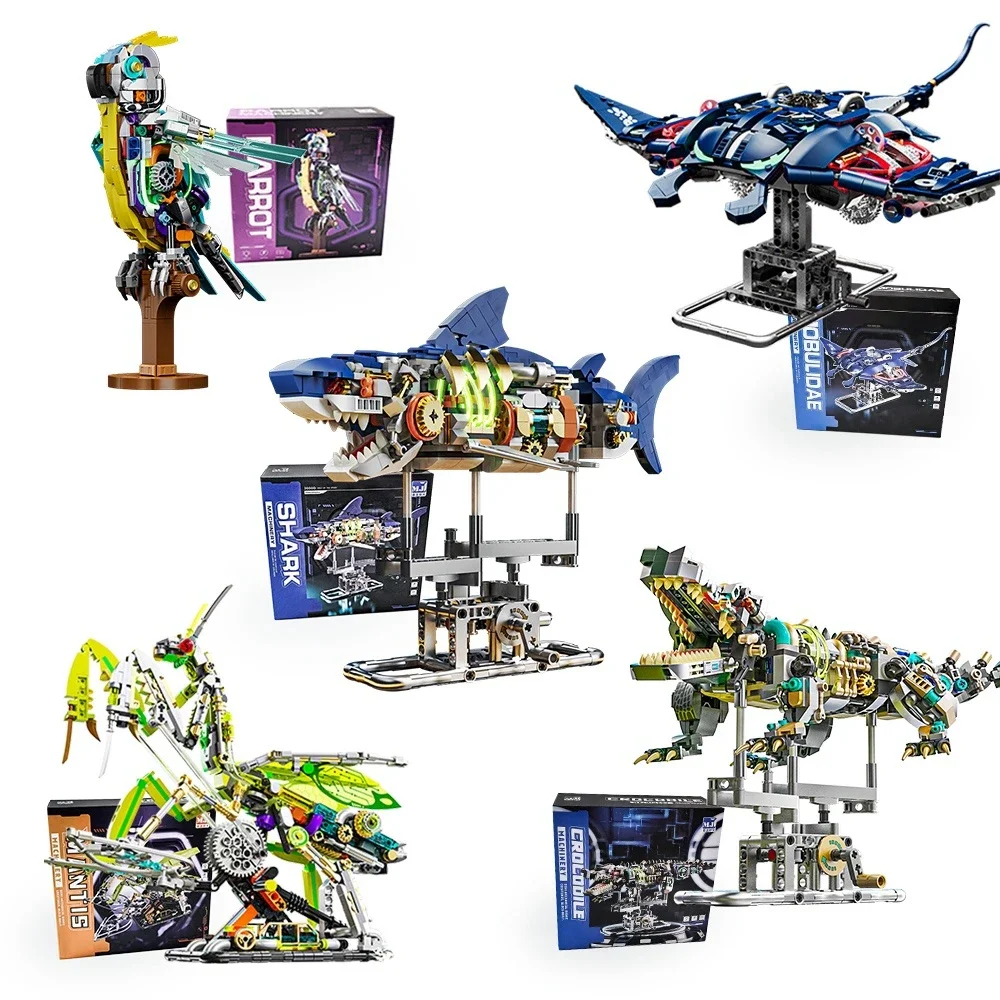 Mechanical Shark Building Set, Sea Life Crocodile Parrot Mantis Frog Manta Ray Building Blocks Light, Animal Toys Gift 1