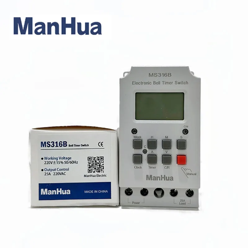 ManHua 220VAC 25A MS316B with cover weekly Programmable 99 ON Duration 23hours 59 Seconds With LCD Display School Bell Timer 6