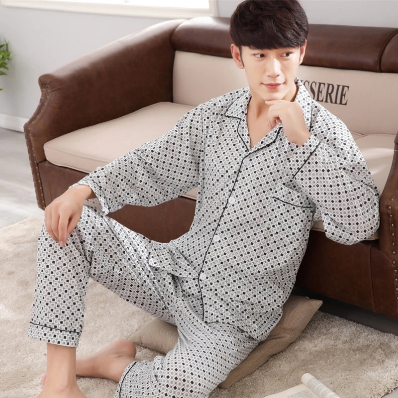 Spring Autumn Men's Thin Knitted Cotton Pajamas Long Sleeve Cardigan Sleepwear Large Size Home Clothing Set