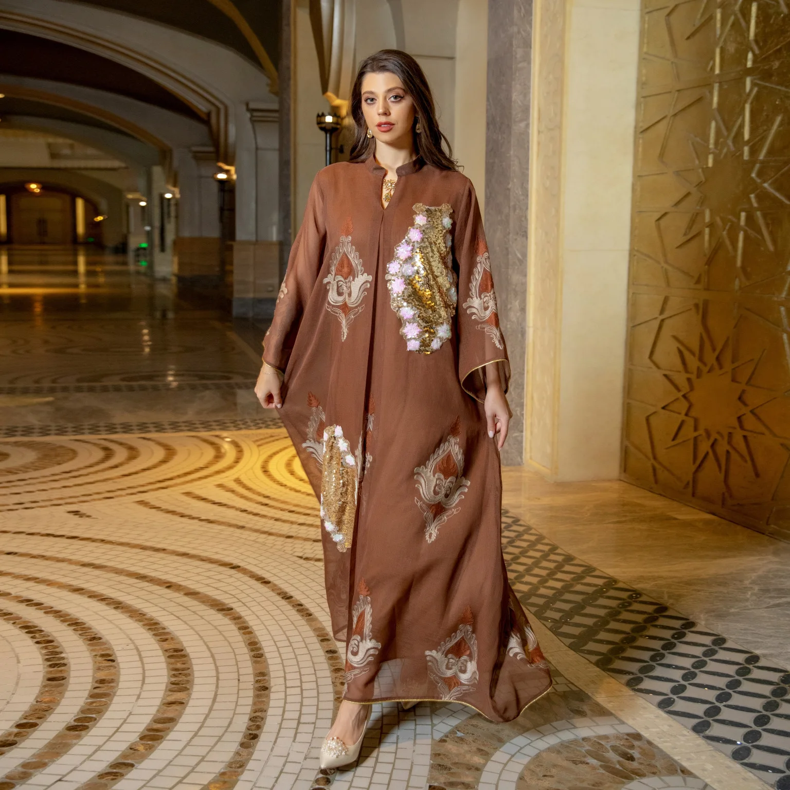 Fashion Muslim Moroccan Caftan Dubai Abaya Dress Chic Sequins Embroider Notched Stand Collar Evening Party Robe Women