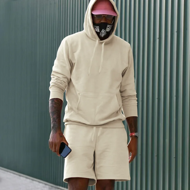 

Men Fashion Hooded Sweatshirt Top+Drawstring Shorts Suit Streetwear Casual Long Sleeve Solid Tracksuit Spring Summer 2Pc Set