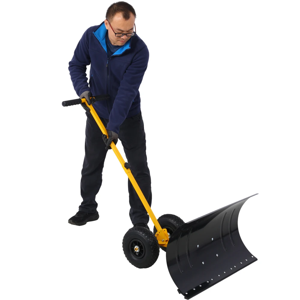Snow Shovel with Wheels, Snow Pusher, Cushioned Adjustable Angle Handle Removal Tool, 29" Blade, 10" Wheels,yellow color