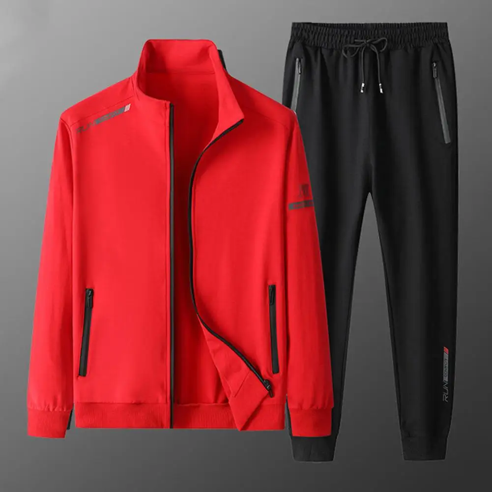 Mid-aged Peope Sports Suit Mid-aged Men's Sports Fitness Tracksuit Warm Stand Collar Coat Elastic Waist Pants Set with Pockets