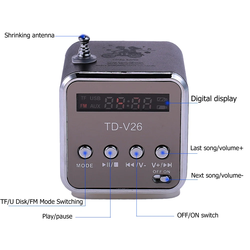 Universal TD-V26 Mini Digital FM Radio Speaker Portable FM Radio Receiver  with LED Display Screen Loudspeaker Support TF Card
