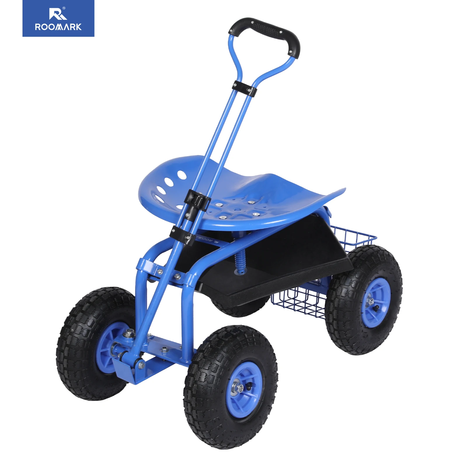 Roomark Rolling Garden Work Seat Wheels Garden Planting Stool 360&deg; Swivel Seat Scooter Steering Handle Tool Tray