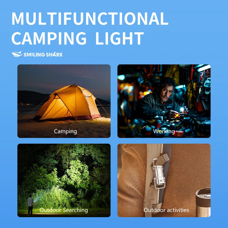 Lampe De Camping Smiling Shark Rechargeable - 3 Modes Luminosité + SOS - IPX4 étanche - Autonomie 10h - Compacte Et Légère