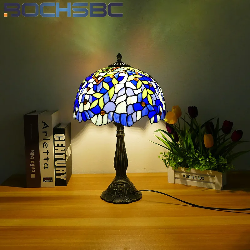 

BOCHSBC Tiffany style stained glass 12 inch European retro table lamp desk lamp for bedroom bedside lamp bar cafe LED decor