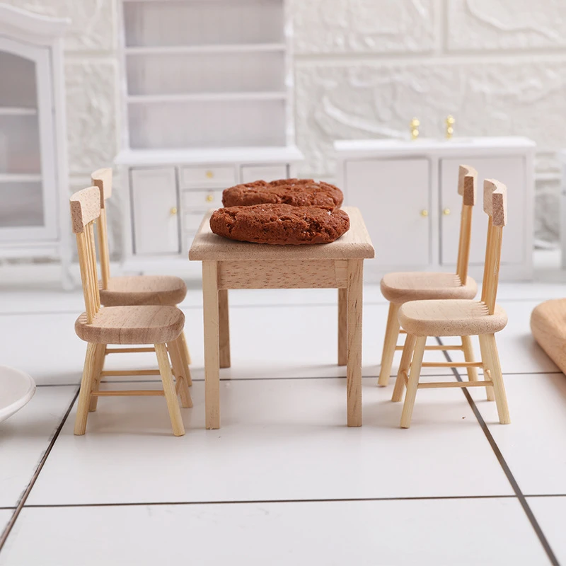 Set De Muebles Miniatura Para Casa De Muñecas – Mesa Y 4 Sillas De Madera, Escala 1/12