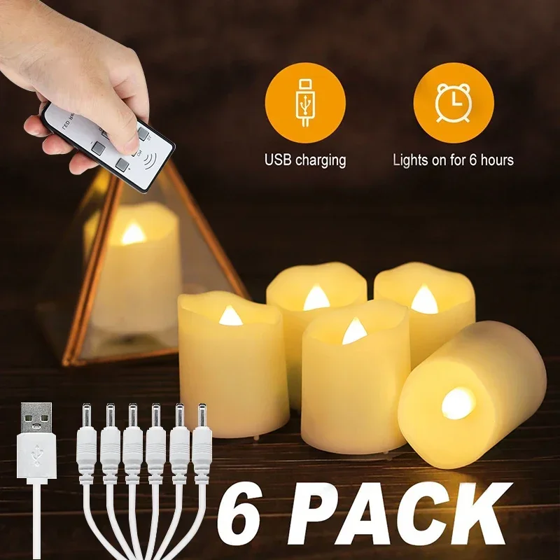 

6pcs Rechargeable LED Candle Timer Remote Flashing Flame Wedding Birthday Decoration Tea Light USB Charger Home Candle Light