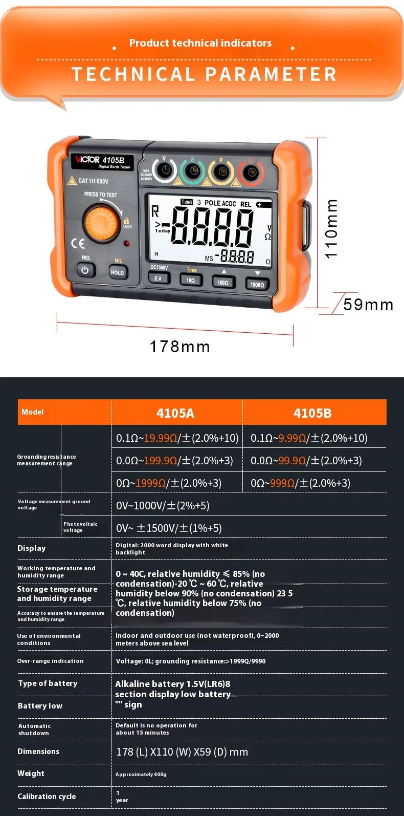 4105A Digital Earth Resistance Tester Insulation Grounding 2000Ω Voltage Meter L