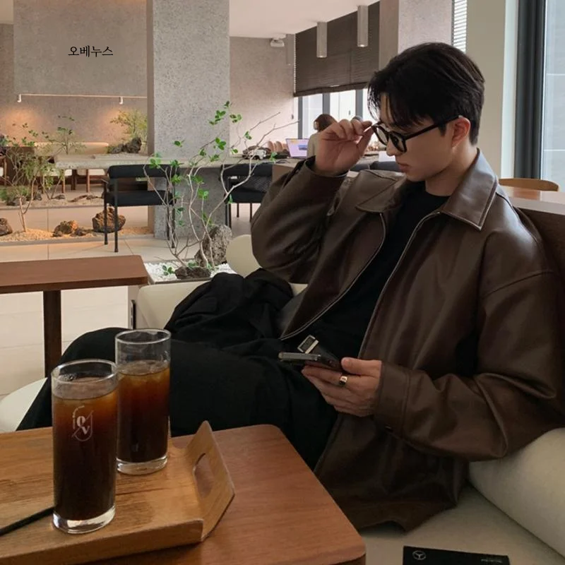 한국어 스타일 하이 엔드 느낌 솔리드 컬러 가죽 자켓 남성용 봄 가을 세련된 다목적 옷깃 작업복 지퍼 파이 자켓