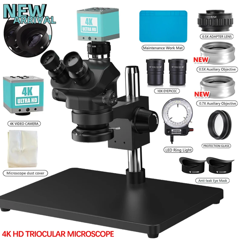 줌 삼안 스테레오 현미경 세트, HDMI USB 비디오 카메라, 보조 대물 렌즈, 2K, 4K, 48MP, 55MP, 1X, 0.7X, 0.5X, 3.5X, 7-50X