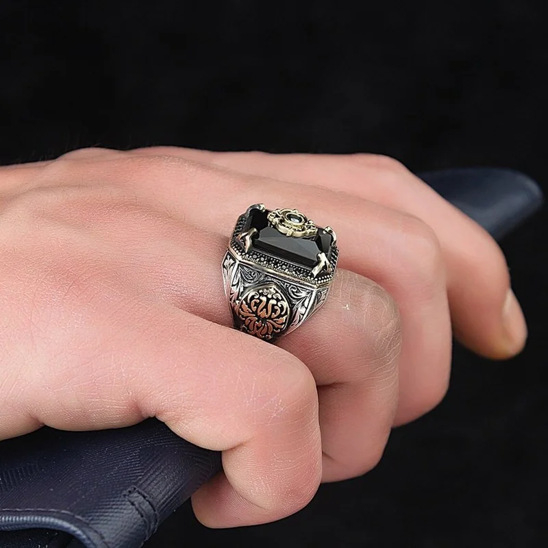 Signet Ring Retro Handmade Turkish for Men Vintage Silver Color Carving Pattern Inlay Green Zircon Party Punk Motor Biker