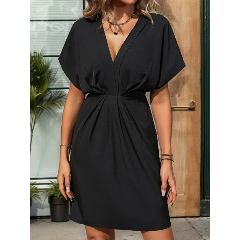 

Summer basic V-neck temperament commuter dress Europe and the United States ladies waist solid color bat sleeve skirt