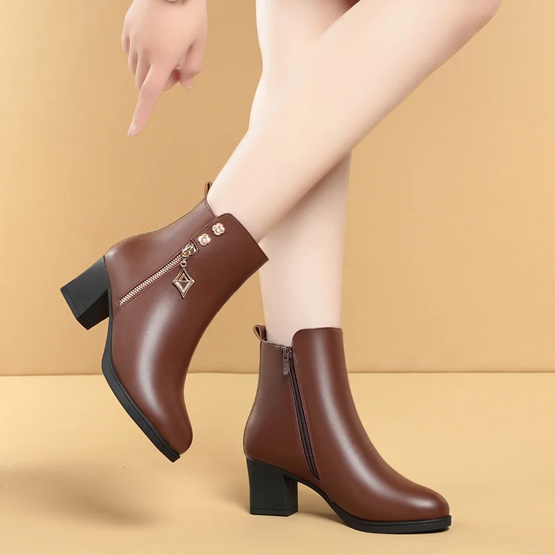 Women Boots Women Winter High Heels Zipper Shoes Genuine Leather High Heeled Ankle Boots Thick Plush Winter Women's Snow Boots
