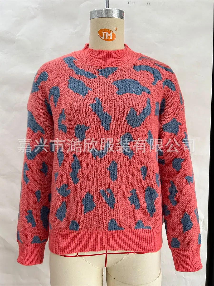 2025 Women Leopard Printed Sweaters Autumn Casual O-Neck Pullovers Thick Long Sleeve Loose Jumpers Casual Splice Warm Sweater
