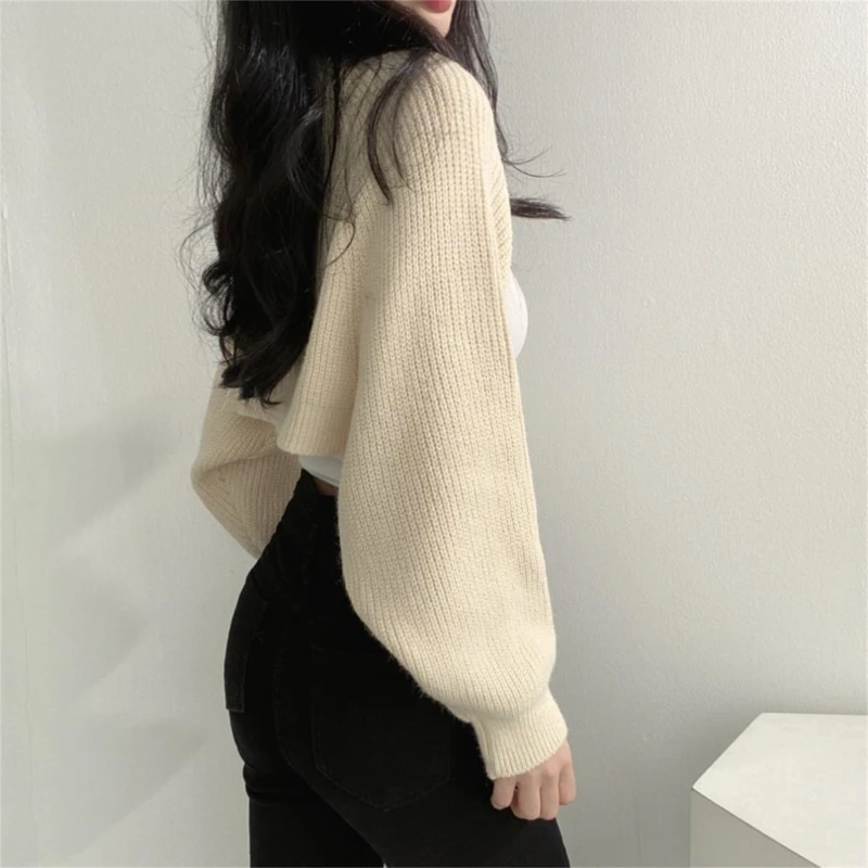여성용 오픈 프론트 셔그 긴 소매 크롭 가디건 스웨터, 레이디 데일리 캐주얼 단색 아우터 재킷, 짧은 숄 상의, 가을
