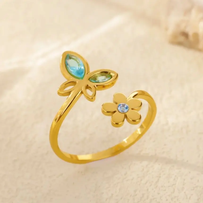 Zircon Flower Rings Stainless Steel Jewelry Gift For Women