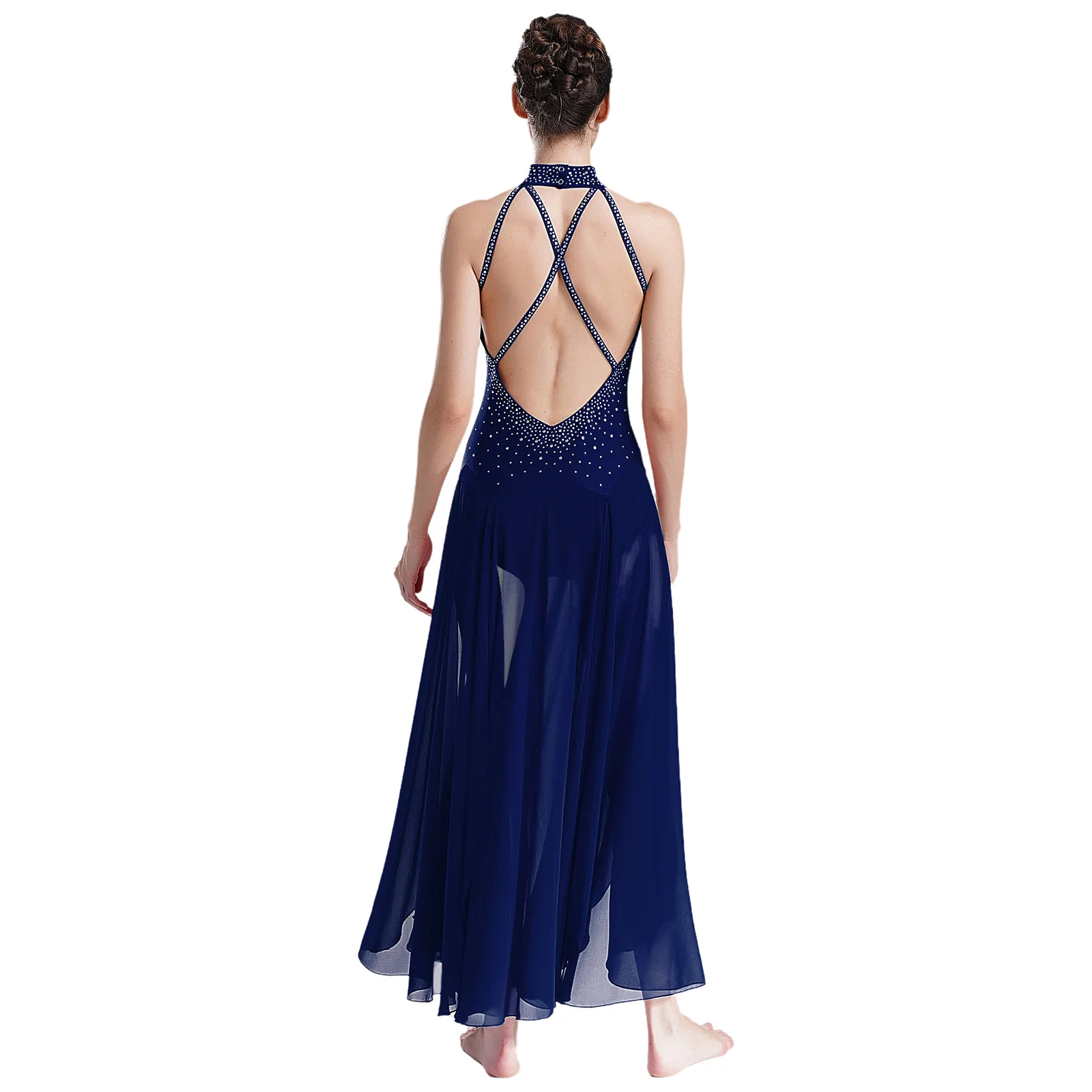 Damen Gymnastikanzug Ballett Lyrischer Moderner Tanz Zeitgenössisches Kostüm Neckholder Rückenfreies Kleid mit Glitzersteinchen und Schlitz – Detail 15