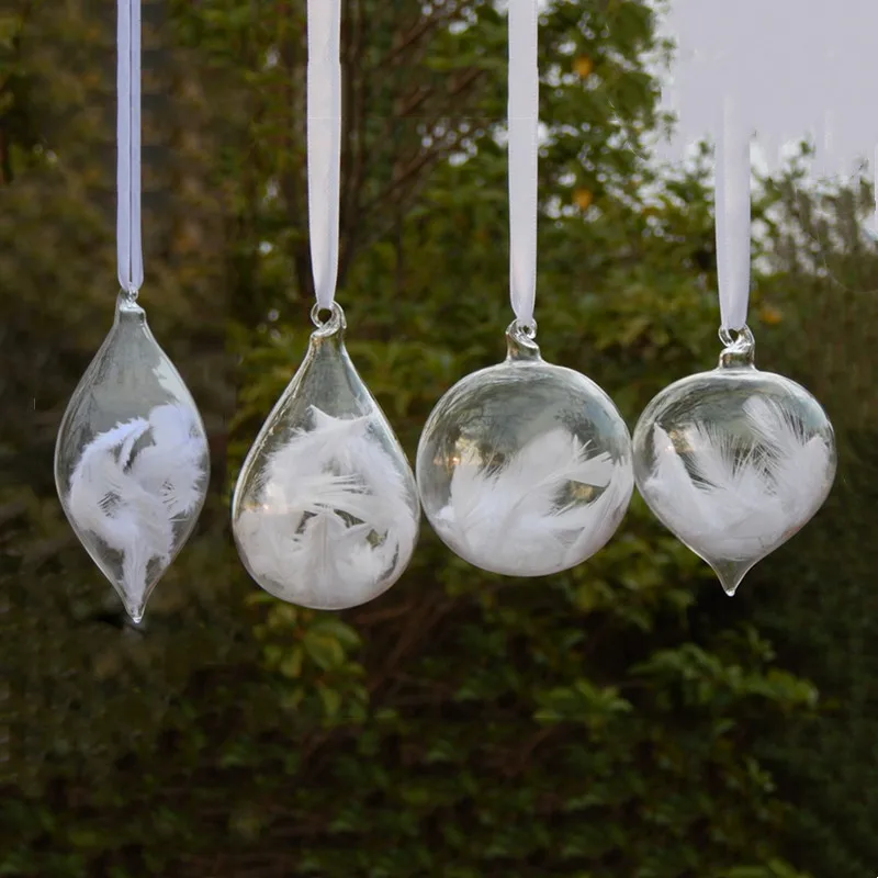 

Free Shipping 8pcs/pack Different Shape Inner Feather Clear Glass Pendant Christmas Day Hanging Ornament Globe Onion Cone Drop