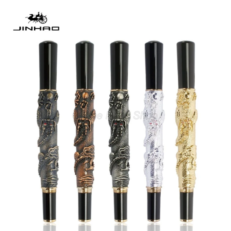 Jinhao Golden Ancient Oriental Dragon Carving Embossing Medium Nib Fountain Pen Professional Office Stationery Writing Accessory jinhao metal golden oriental dragon carving embossing roller ball pen professional office stationery writing