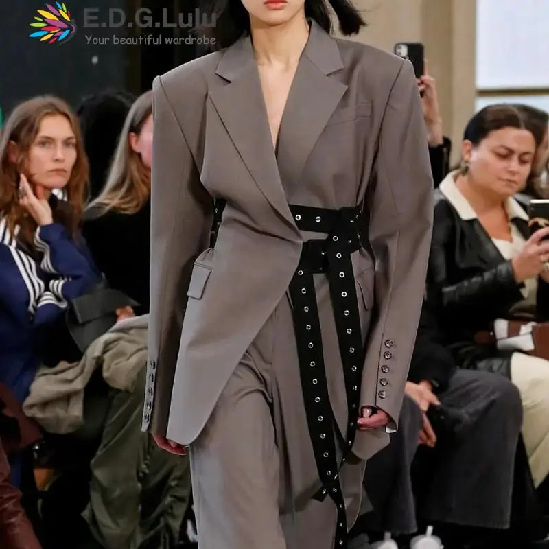 

EDGLuLu 2024 New Korean Fashion Turn-Down Collar Long Sleeve Suit Jacket Woman Design Belt Lace-Up Office Blazer Coat Female0408
