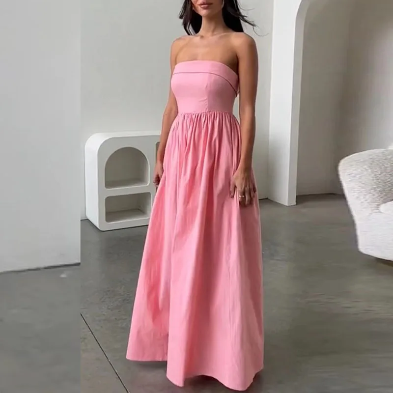 

Casual Off Shoulder Backless Slim Waisted Dresses Elgegant 2024 Lady Solid Color Swing A-line Dress Women Beach Long Dress New