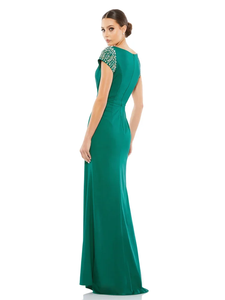 Straight Elegant Mother Of The Bride Wedding Party Dress Satin O Neck Short Sleeves Back Zipper Floor Length With Embroidery