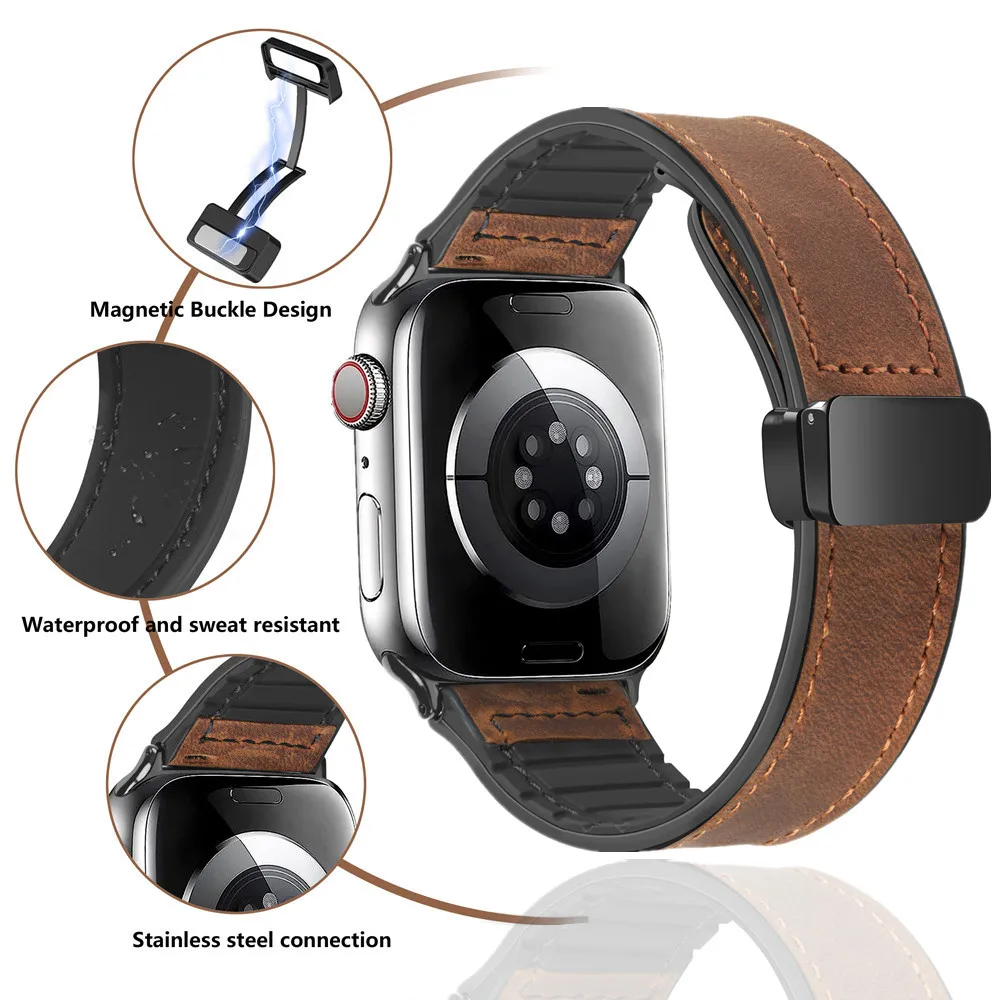 Magnetic Leather & Silicone Apple Watch Bracelet Band