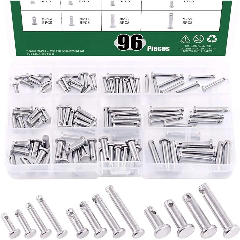 96PCS M3 M4 M5 304 Stainless Steel Shaft Flat Head Pins with Hole Positioning Cylindrical Pin GB882 Assrement Kit Boxed
