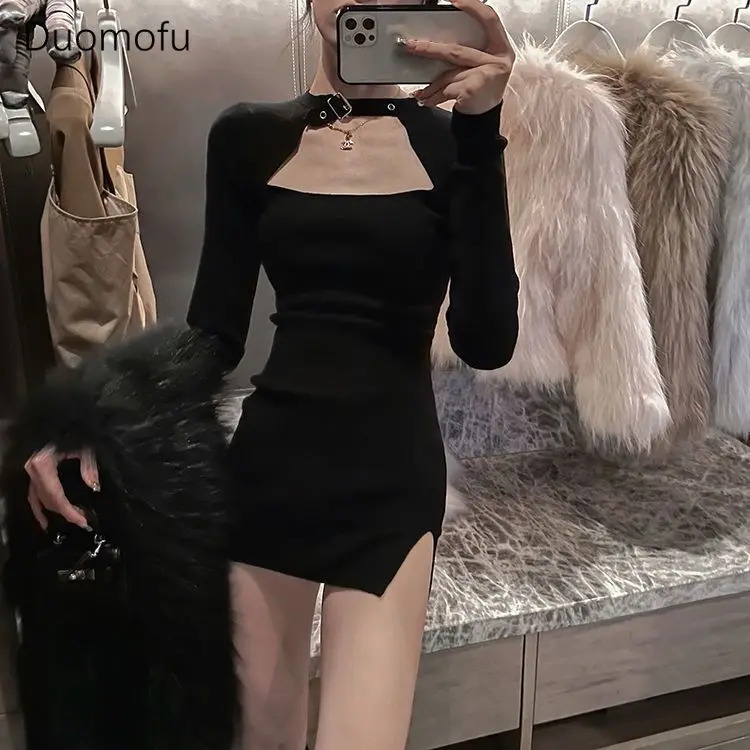 

Duomofu Black Chic Halter Neck Sexy Hollow Out Female Dress Autumn New Solid Color Fashion Split Simple Casual Women Mini Dress