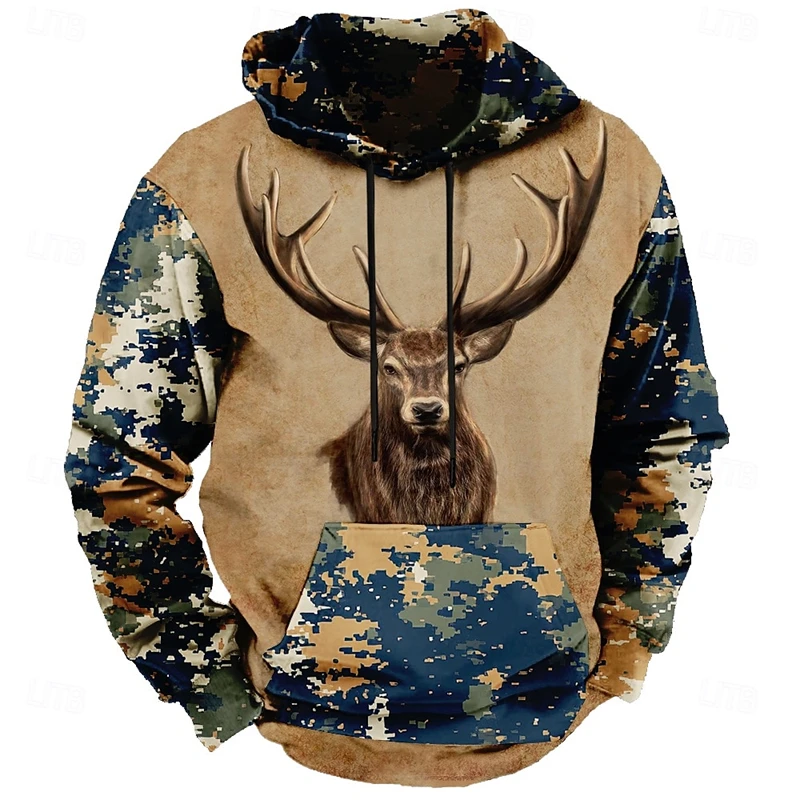 New 3D printed men's hooded sweatshirt, hooded sweatshirt, vintage sweater, deer pattern, stylish, dense forest, streetwear 4