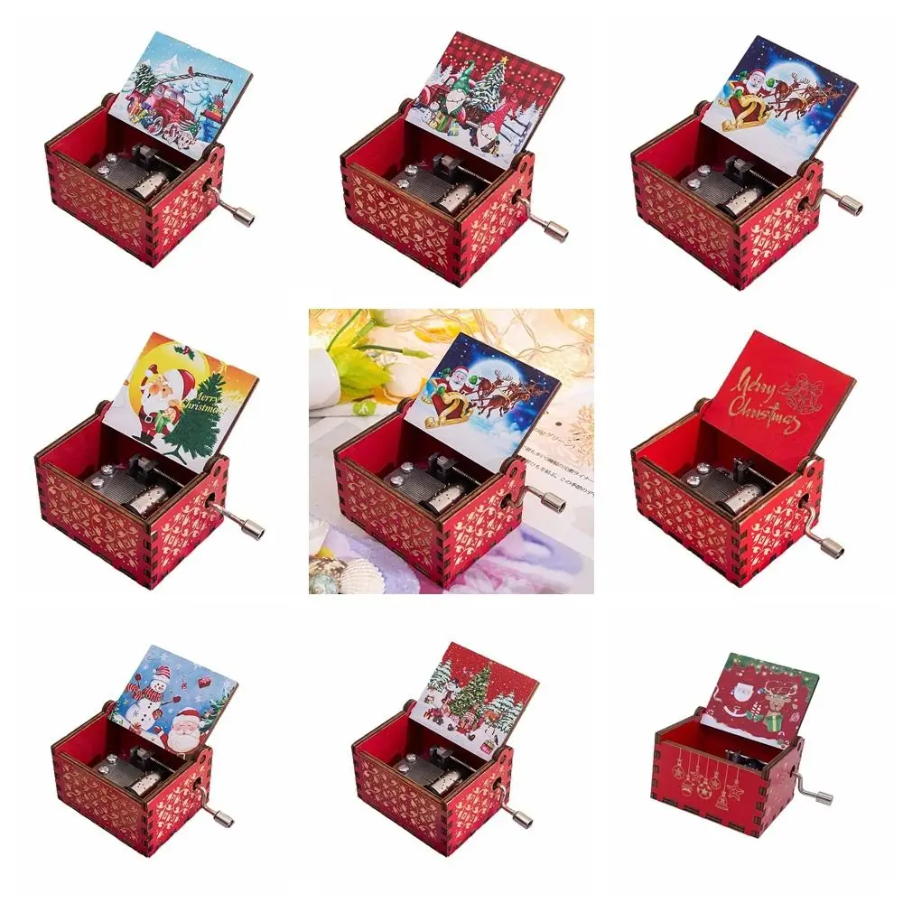 Red Merry Christmas Theme Music Box Carving Wooden Hand Crank Music Box Santa Claus New Year Christmas Gift for Children Friend 6