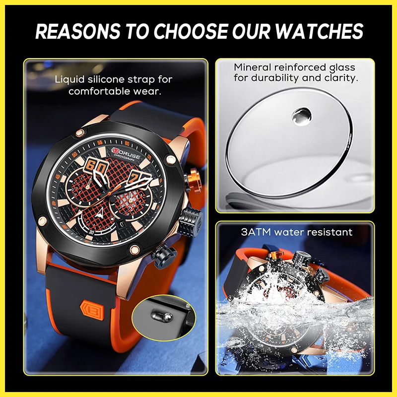 BORUSE Luxury Watches for Men Business Casual Wristwatch Male Silicone Waterproof  Chronograph Quartz Watches Relogio Masculino