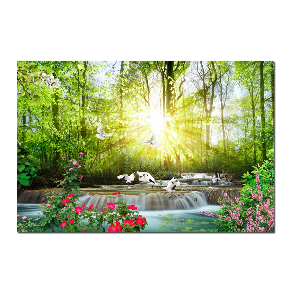 

Green Forest Waterfall Landscape Natural Flowers Painting Posters Canvas Prints Picture Wall Art Living Room Home Decor HYS1086