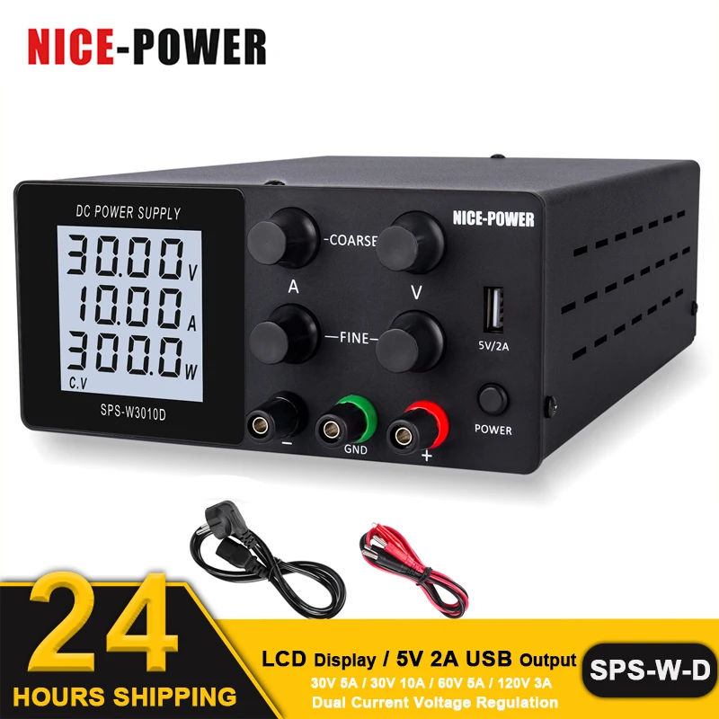 Лабораторный блок питания Nice-power LCD Bench 30 В 10 А 24 В 12 В Регулируемое напряжение Стабилизированный 4-цифровой лабораторный регулятор постоянного тока Источник USB 5 В 2 А для зарядки телефона