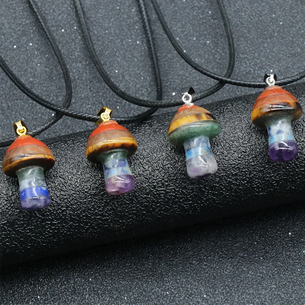 

7 Chakra Mini Mushroom Natural Stone Crystal Pendant Healing Energy Enhancer Peace Amulet Colorful Fashion Necklace Jewelry