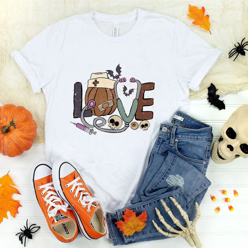 (Premium T-shirt)Fashion Halloween Love Nurse Print T-Shirt Casual Short Sleeve Graphic Tee Shirt Loose Harajuku T Shirt Tops