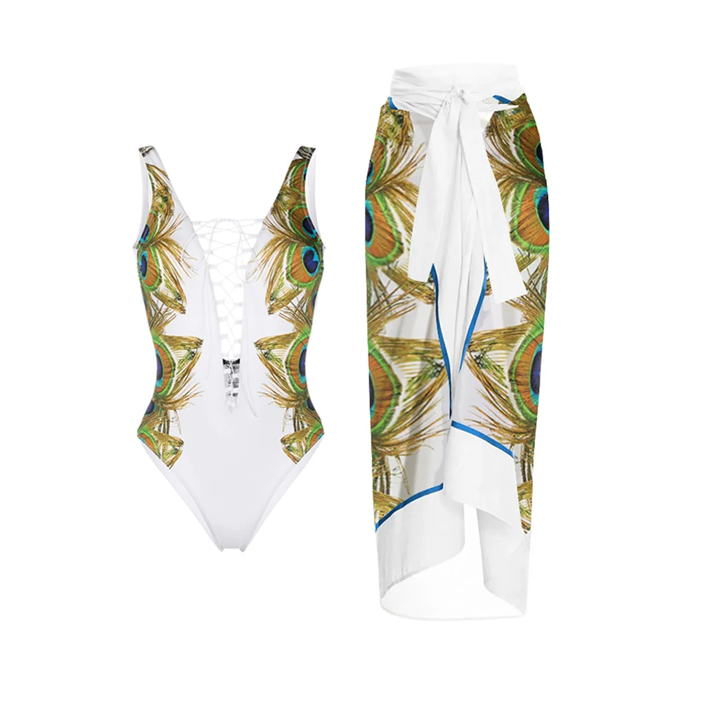 

Feather Print Lace Up Swimsuit One Piece Swimwear 2023 Luxury Women New Summer Beachwear Swimming Suits Sexy Bikini Set Monokini