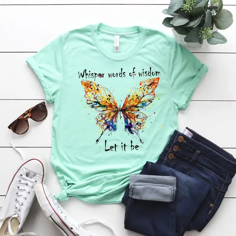 Let it Be t-셔츠 Butterfly Beatles 가사 히피 패션 캐쥬얼 100..