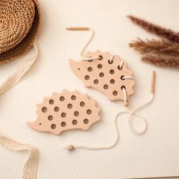 Wooden Hedgehog Threading Board Kids Montessori Toys Beech Wooden Educational Toy Button Beaded Blocks Puzzle Toy Baby Gifts 1