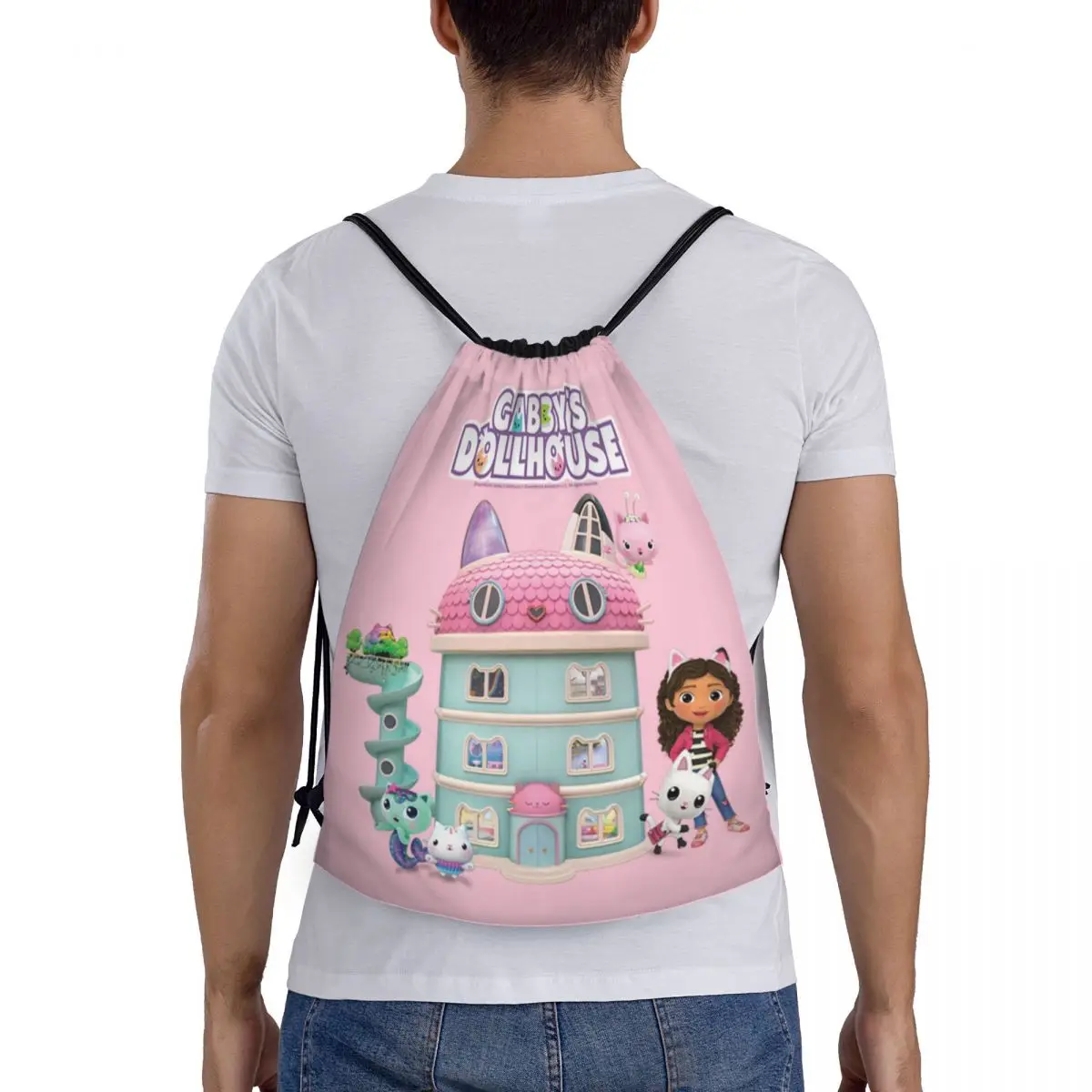 Gabbys Dollhouse Drawstring Backpack Women Men Sport Gym Sackpack Foldable Mercat Cat Shopping Bag Sack