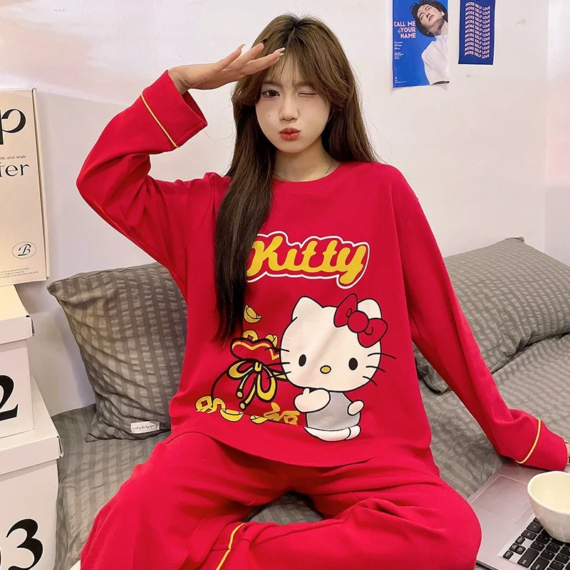 

2Pcs Bello Kitty Red Pajamas Womens Spring and Autumn Pure Cotton Long Sleeved Winter Round Neck Cartoon Set Women Accessories