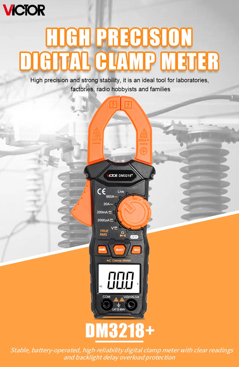 Description Picture 2 of itemVictor 3218+ Digital Clamp Multimeter Ture RMS Auto Range Diode Resistance 20MΩ Frequency AC/DC 600V 600A Live Wire Clamp Meters