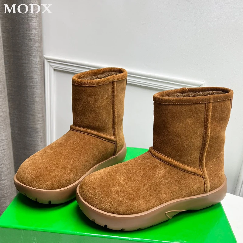 

2023 Winter Genuine Leather Suede Short Snow Boots Thick-soled Warm Cotton Shoes Fashion Slip-on Non-slip Booties Higher Quality