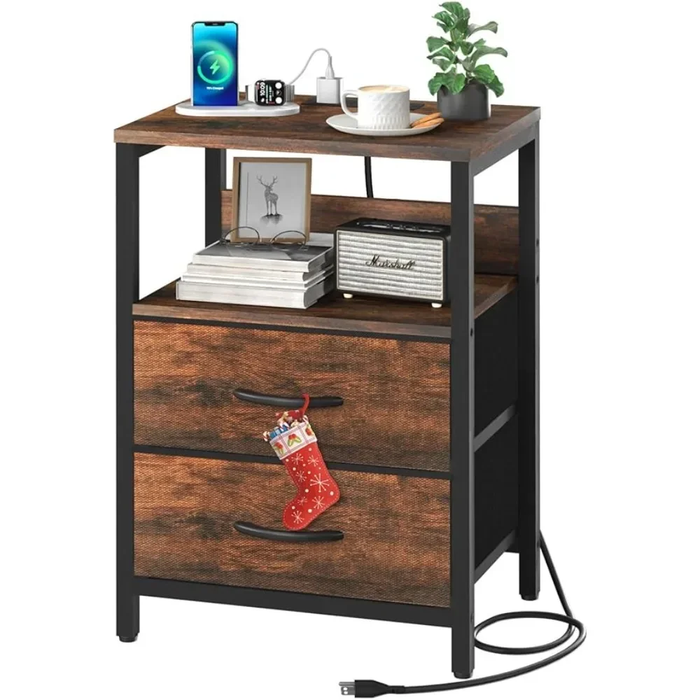 

Small Night Stand With Fabric Drawers and Storage Shelf for Bedrooms Furniture Bedside Table Nightstand With Charging Station